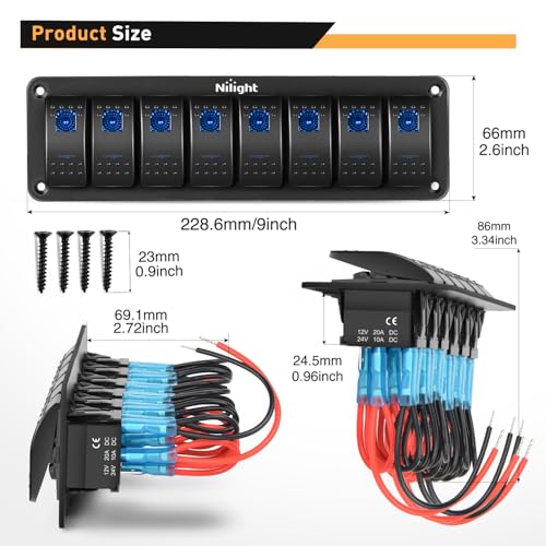 Nilight 8 Gang Rocker Switch Panel SPST On Off 5PIN Electrical Toggle Blue - color: Blue, size: 8 Gang