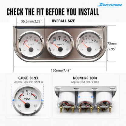 52mm Triple Gauge Set （Oil Pressure+Water Temp+Voltmeter） 3 in 1 Gauge Kit