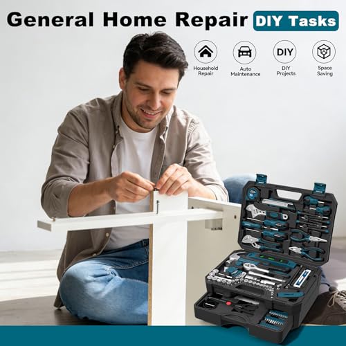 328 Piece Tool Kit For Home,Hand Repair Tool Set,Toolbox Storage Case with Drawer,General Household/Auto Tool Set,Perfect for Homeowner, DIY, Handyman (Blue and black) - color: Blue and Black