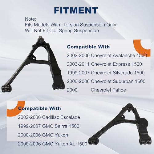 KUIPERAUTO 2PCS Front Lower Control Arm Suspension Kits Compatible with 1999-2006 Chevy Avalanche Silverado Tahoe GMC Yukon Sierra Compatible with 2002-2006 Cadillac Escalade - style: Front Lower 2PCS