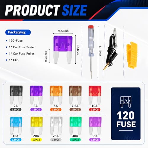 120PCS Car Fuses Assortment Kit,Multi-Specification Automotive Fuses Assortment Kit with 35A/30A/25A/20A/15A/10A/7.5A/5A/3A/2A,Essential Blade Fuse with Fuse Tester & Puller