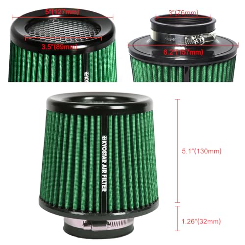 KYOSTAR Universal 3" (76mm) High-Flow Air Filter, Reusable Cone Cold Air Intake, High Performance, Washable, Clamp-On Car High Flow Dry Air Kit, Flange Diameter: 3 Inch, Filter Height: 6.4 Inch, Green - color: 3" (76mm), Green