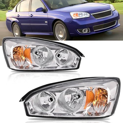 A&P for 2004-2007 Chevy Malibu, 2008 Malibu Classic Halogen Headlight Pair - color: Chrome Housing, Clear Lens, Amber Turn Signal, size: 2004-2008