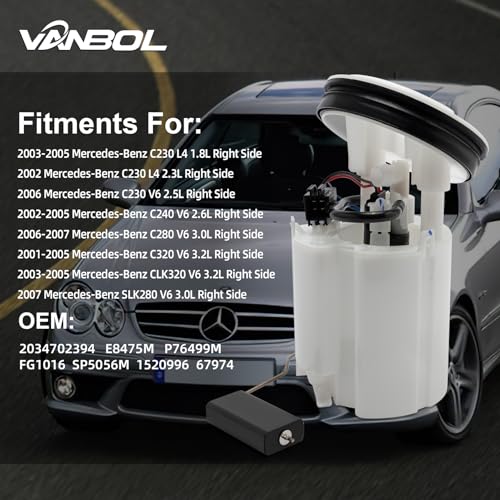 Electric Fuel Pump Module Assembly Fit for Mercedes-Benz W203 C230 C240 C280 C320 CLK320 SLK280 2001 2002 2003-2007 1.8L 2.3L 2.5L 2.6L 3.0L 3.2L Replace 2034702394 E8475M Right Side