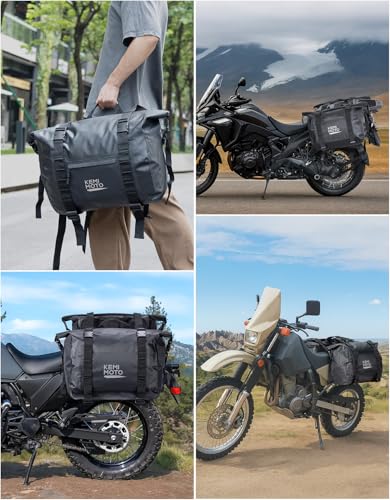 KEMIMOTO PVC Waterproof Motorcycle Saddlebags 50L Adventure Dual Sport Bike - color: Black