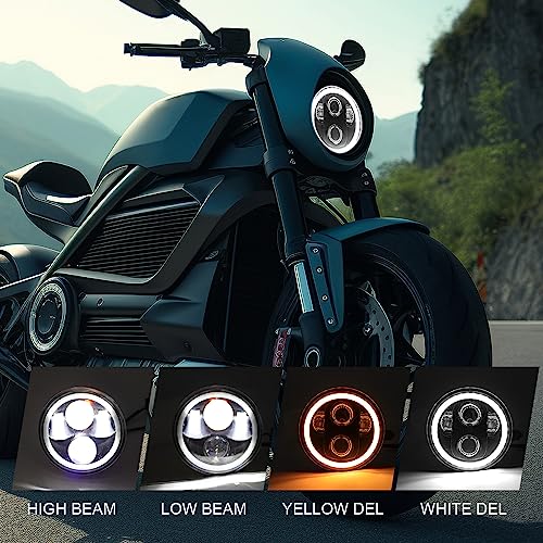 ROCCS Motorcycle Headlight 5-3/4 5.75 with White Yellow Halo DRL LED Waterproof Compatible with Harley Sportster Dyna Low Rider Street Bob lron 883 1200 Softail Wide Glide Triple Headlamp