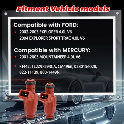 6-Pack Fuel Injectors Set | Compatible with Ford Explorer Mercury Mountaineer 2002-2003 4.0L V6| Replaces FJ442 1L2Z9F593CA 0280156028 - size: 6 X FJ442