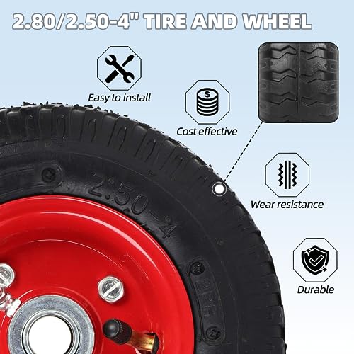 AR-PRO (2-Pack) 2.80/2.50-4" Tire and Wheel Set - 8 Inch Wheelbarrow Tire and Wheel Replacement with 3/4" Bearings and 3" Centered Hub - Extra Adapter kit includes 1/2" Bearings - color: Red, size: 2.80/2.50-4", 8 Inch