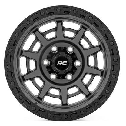 Rough Country 85 Series 17x9 Wheel - 5x5.5" Bolt Pattern, 0mm Offset, Gunmetal Gray with Black Simulated Beadlock, One-Piece Aluminum Off-Road Wheel
