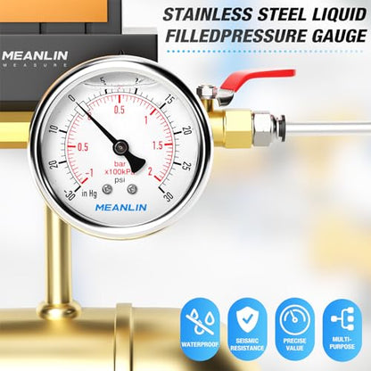 MEANLIN MEASURE -30inHG~30Psi Stainless Steel 1/4" NPT 2.5" FACE DIAL,Vacuum Pressure Gauge,Center Back Mount, with 1/2" NPT and 3/8" NPT Hex Bushing - size: -30inHG-30Psi