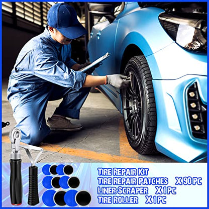Tallew 90 Pcs Tire Patches Kit 32 mm 42 mm 58 mm Tire Repair Unit with Roller and Liner Scraper, Tube Patch Auto Repair Stitcher Tools for Car Truck Bike Motorcycle Wheel
