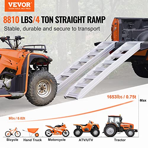 VEVOR Aluminum Ramps, 8810 lbs, Heavy-Duty Ramps with Top Hook Attaching End, Universal Loading Ramp for Motorcycle, Tractor, ATV/UTV, Trucks, Lawn Mower, 72" L x 15" W, 2Pcs - size: 8100 lbs