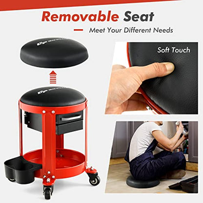 Goplus Rolling Mechanic Stool, Shop Stool Creeper Seat with Removable Padded Seat, 2 Drawers, Tool Tray, Twin Can Holder, Universal Wheels, Round Garage Workshop Chair, 330 Lbs Max Capacity (Red) - color: Red