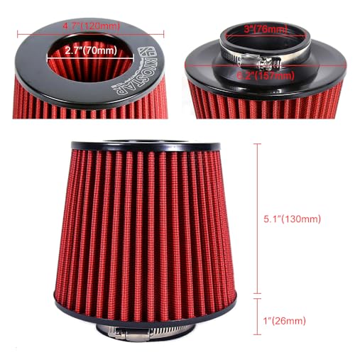 KYOSTAR Universal 3" (76mm) High-Flow Air Filter, Reusable Cone Cold Air Intake, High Performance, Washable, Clamp-On Car High Flow Dry Air Kit, Flange Diameter: 3 Inch, Filter Height: 6.1 Inch, Red - color: 3" (76mm) , Red