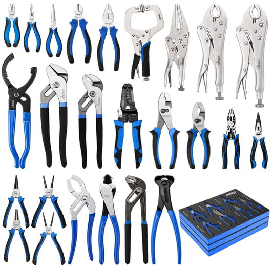 DISEN Pliers Set, 25-Piece Full Assortment of Plier with EVA Storage, Versatile Pliers Tool Set Includes Groove Joint, Needle Nose, Slip Joint, Diagonal, Locking, Wire Stripper, Circlip, and C-Clamp - color: Bue-black 25pcs