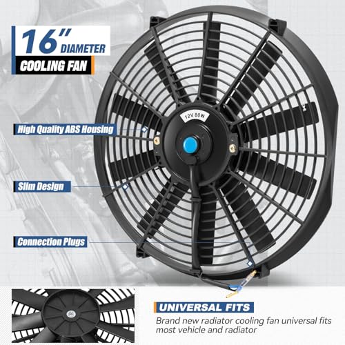 Auto Dynasty 16 inch Universal 12V Electric Radiator Cooling Fan Kit, Black - color: Black, size: 16 Inch Diameter