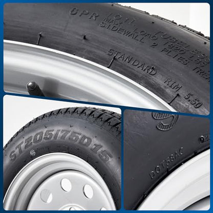 ST205/75D15 Trailer Tires with 15 in Rims, 5 Lug on 4.5 in, Load Range C, 6PR - size: ST205/75D15, style: 5 lug on 4.5"