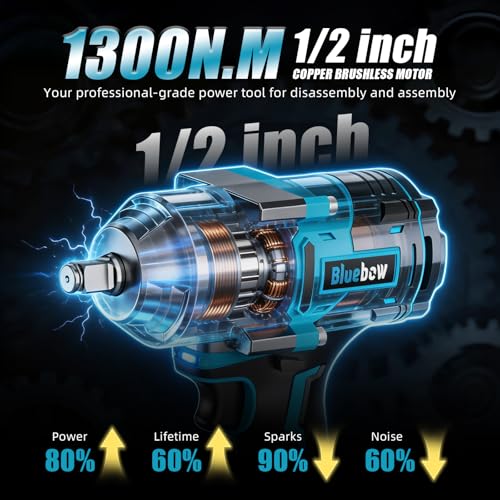 Bluebow Cordless Impact Wrench, 960 ft-lbs (1300 N·m) Brushless Impact Wrench with 2x4.0Ah Battery, 1/2" 3-Speed Modes Impact Gun with 4 Sockets for Pickup, Truck, Home Car - size: XLarge