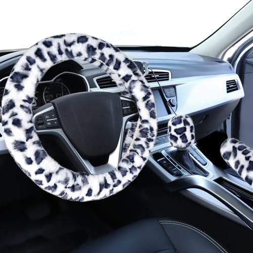 Accmor Fuzzy Car Steering Wheel Cover, Universal Fit Fur Auto Wheel Cover & Handbrake Cover & Gear Shift Cover Set, Leopard Winter Warm Fluffy Vehicle Wheel Protector Car Accessories for Men Women - color: White/Dark Gray Leopard