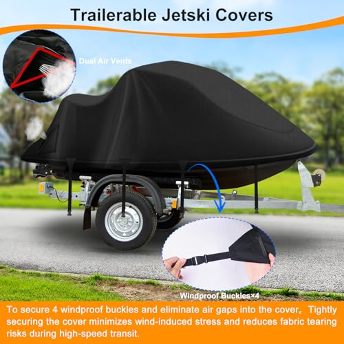 Jetski Cover 900D Waterproof for Yamaha Kawasaki,115IN-120IN 3 Seater PWC - color: Black-900-D, size: XL-115"-120"
