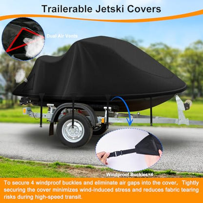 Jetski Cover 900D Waterproof for Yamaha Kawasaki,115IN-120IN 3 Seater PWC - color: Black-900-D, size: XL-115"-120"