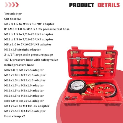 0-140PS1 Car Fuel Injector Pump Pressure Gauge Tester Kit, Vehicle Gasoline Fuel Oil Injection Test Tool Set, Automotive Pump Pressure Testing Accessories, Universal Fit