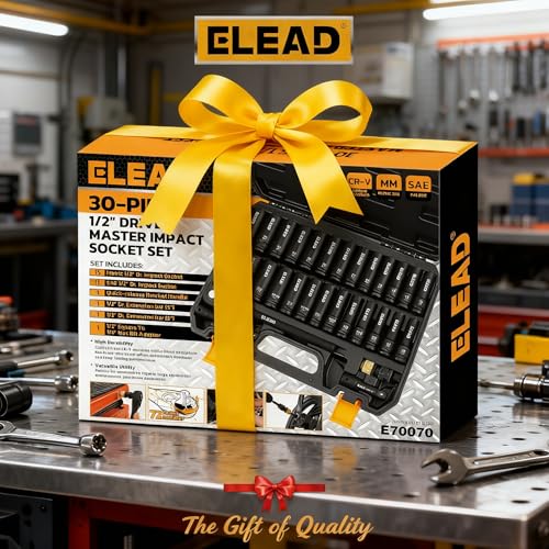 ELEAD 1/2" Drive Deep Impact Socket Set: 30-Piece Standard SAE (3/8 to 1 Inch) and Metric (10-24mm) Size, 3" and 5" Drive Extension Bar, Ratchet Handle, Bit Adapter, CR-V Steel for Auto Repair - color: 30pcs 1/2'' Drive Impact Socket Set Black