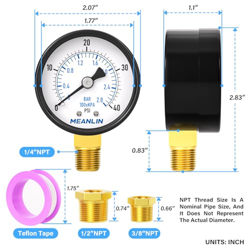 MEANLIN MEASURE 0-40Psi 2" DIAL FACE 1/4" NPT Well Pump Pressure Gauge, with 1/2" NPT and 3/8" NPT Hex Bushing, 3-2-3% Accuracy, Lower Mount - color: 1/4"NPT Lower Mount, size: 0-40Psi