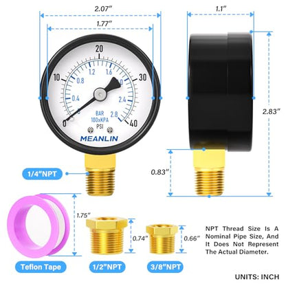 MEANLIN MEASURE 0-40Psi 2" DIAL FACE 1/4" NPT Well Pump Pressure Gauge, with 1/2" NPT and 3/8" NPT Hex Bushing, 3-2-3% Accuracy, Lower Mount - color: 1/4"NPT Lower Mount, size: 0-40Psi