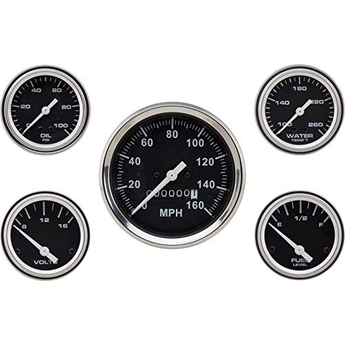 5게이지 세트 컴플리트 키트: 9.5cm(3-3/8인치) 기계식 속도계, 블랙 페이스가 있는 5.4cm(2-1/16인치) 컴포넌트 게이지, 화이트 포인터 및 크롬 베젤, 튜브, 어댑터, 연료 레벨 송신기 포함 - color: 블랙.
