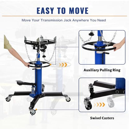 1100 Lbs Transmission Jack | 1100 lbs capacity, 2-stage lift, 33.8-72.8", foot pedal, swivel wheels, heavy-duty.