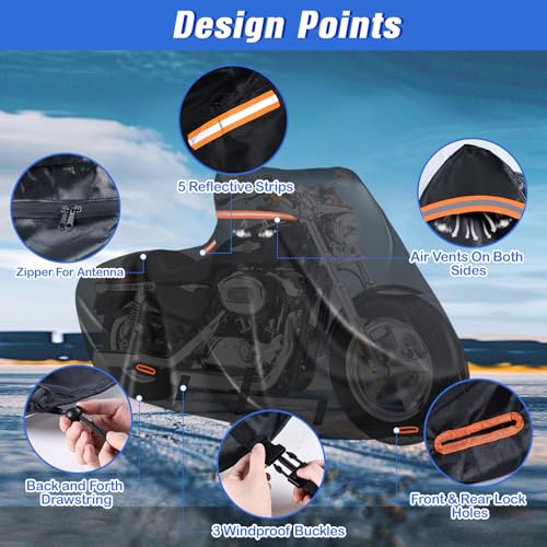 Heavy Duty Motorcycle Cover XL Waterproof Outdoor,600D Power Sports Vehicle Covers,Nano Silver Inner,5 Reflective Strips,3 Windproof Buckles,Air Vents,Rain UV Dust Proof(1XL 86" x 39" x 51" Black) - color: Black, size: 86"x39"x51"