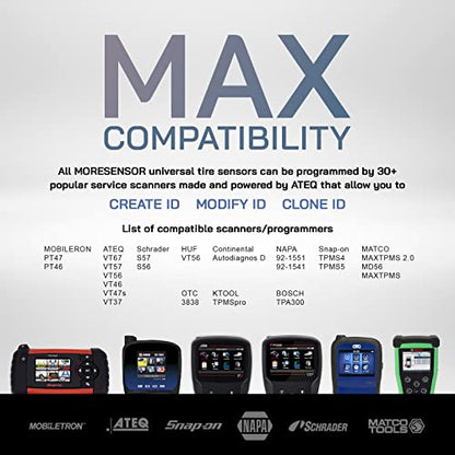 MORESENSOR Compact PRO Series Dual Frequency Universal Programmable TPMS Tire Pressure Sensor 10-Pack | 315 + 433 MHz | Snap-in Rubber Valve | TX-K002-BL-10