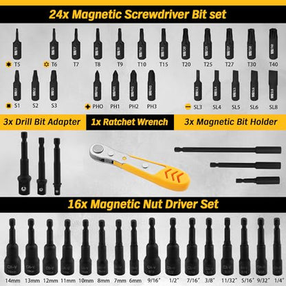 ELEAD 47-Piece Magnetic Nut Driver & Screwdriver Bit Set - Strong Magnetic Nut Drivers for Impact Drill, Power Nuts Driver, Mini Ratcheting Wrench, Drill Bits Extension & Socket Adapter - color: 47-piece Nut Driver Set