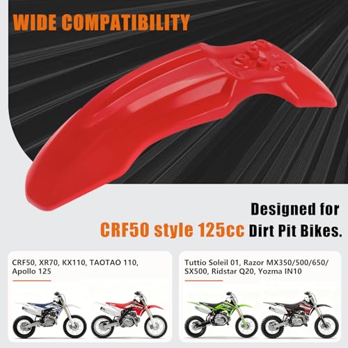 Dirt Bike Front Fender for Yozma IN10 Tuttio Soleil 01 MX350/500/650 SX500 KX110 XR70 Ridstar Q20 CRF50 Style with Mounting Bolts Ebike Dirt Pit Bike Wheel Mudguard (Red) - color: Red