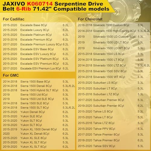 6PK1814 Serpentine Belt V-Ribbed Drive Belt Compatible with 14-18 Silverado/Sierra 1500,15-20 Escalade ESV/Suburban/Tahoe/Yukon/Yukon XL,K060714 71.42" Length - size: 6PK1814-1814mm