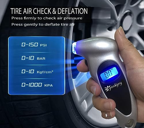 PINKJOY Digital Tire Pressure Gauge 2 Pack 150 PSI, 4 Settings, Tire Gauge for Car, Truck, Motorcycle, Bicycle with Backlit LCD and Non-Slip Grip (Silver) - color: Silver 2 Pack