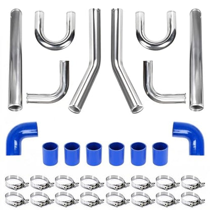 2.5" Intercooler Kit Universal Aluminum Turbo, 23.6" DIY Custom Pipe, 8 Pcs - color: Blue, size: 2.5 Inch