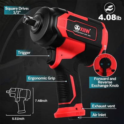 1/2'' Composite Air Impact Wrench, 1200 ft-lbs Torque, 4.08 lbs Lightweight - size: 1/2 inch | 1200 ft-lbs