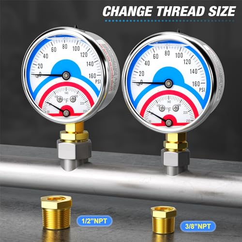 MEANLIN MEASURE 0-160Psi Stainless Steel Thermal Pressure Gauge 30-250℉ 1/4" NPT 2.5" FACE DIAL Liquid Filled Pressure Gauge, with 1/2" NPT and 3/8" NPT Hex Bushing, Lower Mount - size: Lower Mount, style: Liquid Filled