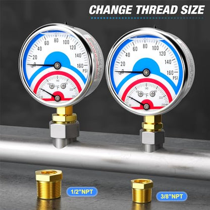 MEANLIN MEASURE 0-160Psi Stainless Steel Thermal Pressure Gauge 30-250℉ 1/4" NPT 2.5" FACE DIAL Liquid Filled Pressure Gauge, with 1/2" NPT and 3/8" NPT Hex Bushing, Lower Mount - size: Lower Mount, style: Liquid Filled