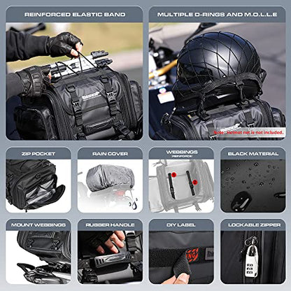 Rhinowalk Motorcycle Tail Bag Expandable Motorcycle Travel Luggage 26L Waterproof All Weather/Trunk/Rack Bag with Sissy Bar Straps-Black - size: Black 19-26L