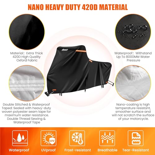 420D Motorcycle Cover Waterproof, Heavy Duty Nano Coating Rain UV 2XL - color: Black, size: 2XL(96"x43.3"x55")