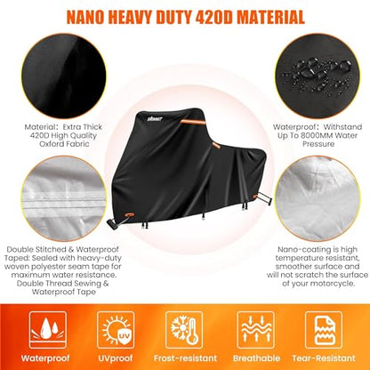 420D Motorcycle Cover Waterproof, Heavy Duty Nano Coating Rain UV 2XL - color: Black, size: 2XL(96"x43.3"x55")