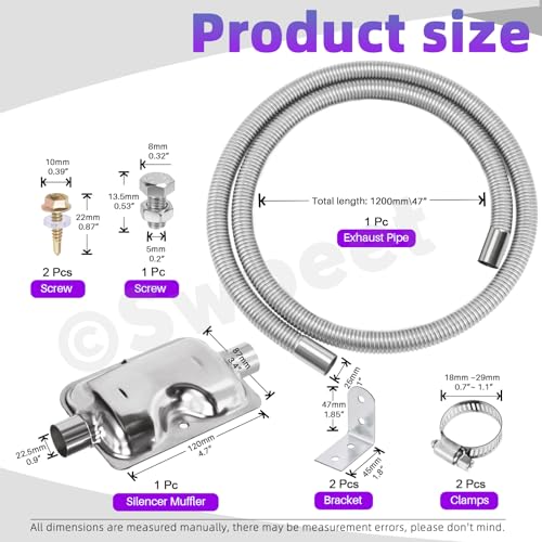 Swpeet 8Pcs 1" x 47"- 25mm x 120cm Stainless Steel Diesel Heater Exhaust Pipe and Exhaust Silencer Muffler with 18mm-29mm Hose Clamps Kit, Fuel Tank Diesel Gas Vent Hose Exhaust Tubing for Car Vehicle - size: 120cm With Exhaust Muffler