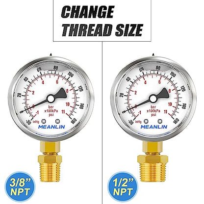 MEANLIN MEASURE -30inHG~160Psi Stainless Steel 1/4" NPT 2.5" FACE DIAL Vacuum Pressure Gauge, Lower Mount, with 1/2" NPT and 3/8" NPT Hex Bushing - size: -30inHG-160Psi