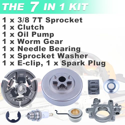 3/8" 7T Sprocket Clutch Drum Oil Pump Kit for Stihl MS290 MS310 MS390 Chainsaw, Clutch Drum with Oil Pump Worm Gear Spark Plug Replacement Parts 1125 160 2002, 1125 640 2000, 1127 160 2051