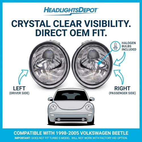 HEADLIGHTSDEPOT Chrome Housing Halogen Headlights Compatible with Volkswagen Beetle 1998-2005 Includes Left Driver and Right Passenger Side Headlamps