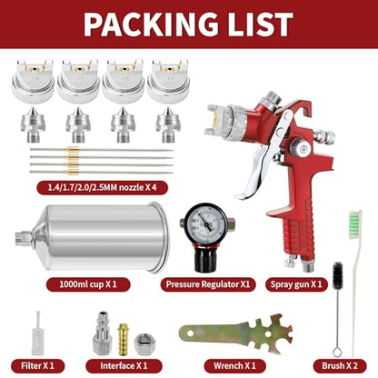 HVLP Gravity Feed Spray Paint Gun Kit, 1.4mm, 1.7mm, 2.0mm & 2.5mm Nozzles, 1000cc Aluminum Cup, for Painting, Topcoat & Touch-Up
