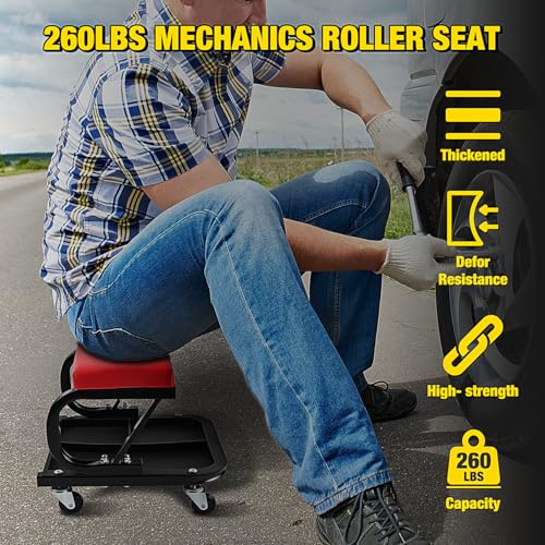 Nilight Rolling Mechanic Seat, 250 LBS Capacity Padded Mechanic Stool - color: Black Red 250lbs